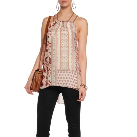 BAILEY 44 Toubakal Chiffon Halter Floral High Low Bohemian Cream Brown Leather M - Picture 1 of 12